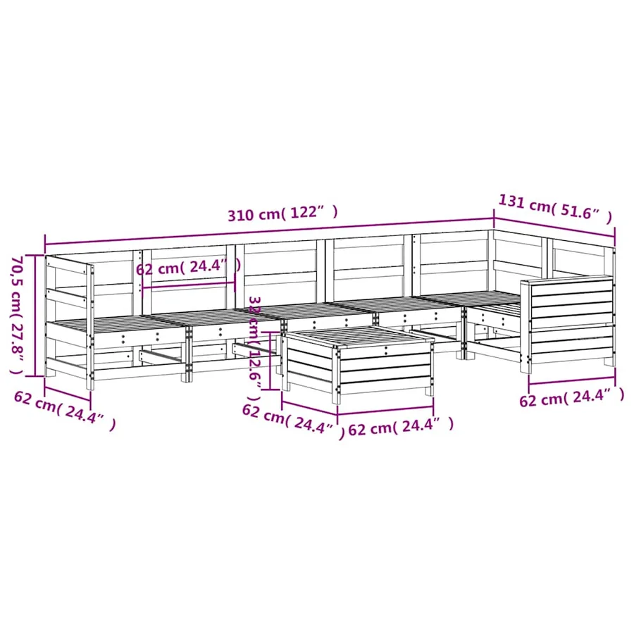Salon de jardin 7 pcs blanc bois de pin massif - 11