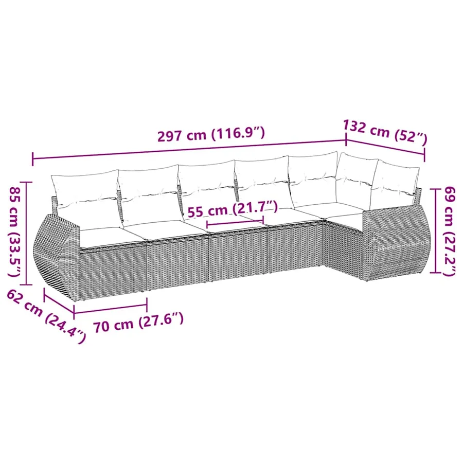 Salon de jardin 6 pcs avec coussins noir résine tressée - 3
