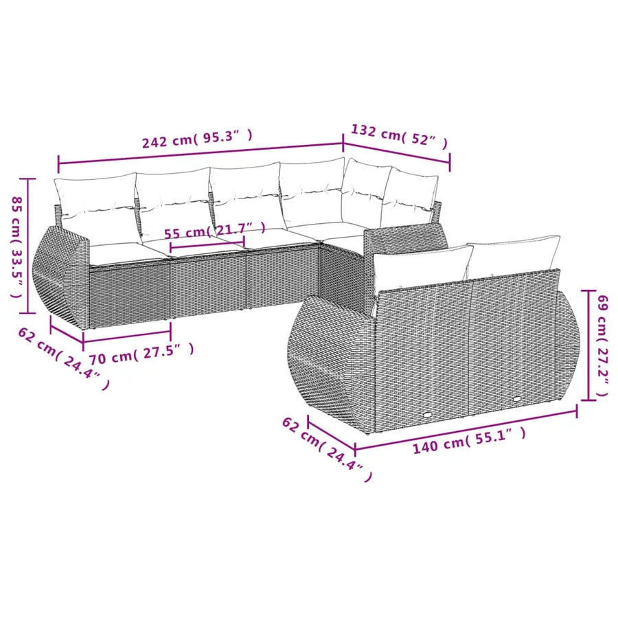 Salon de jardin 7 pcs avec coussins noir résine tressée 70 x 62 x 69 cm - 64,2 kg - 3