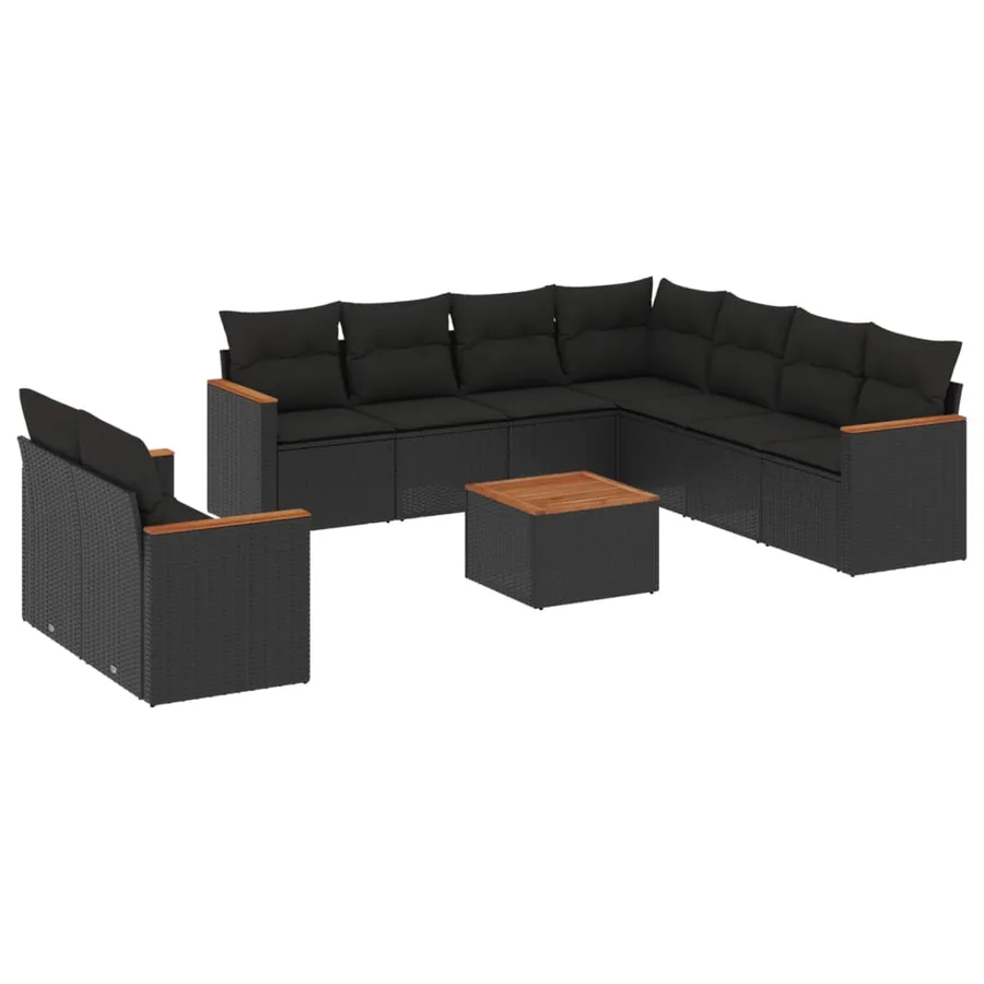 Salon de jardin 10 pcs avec coussins noir résine tressée - 2