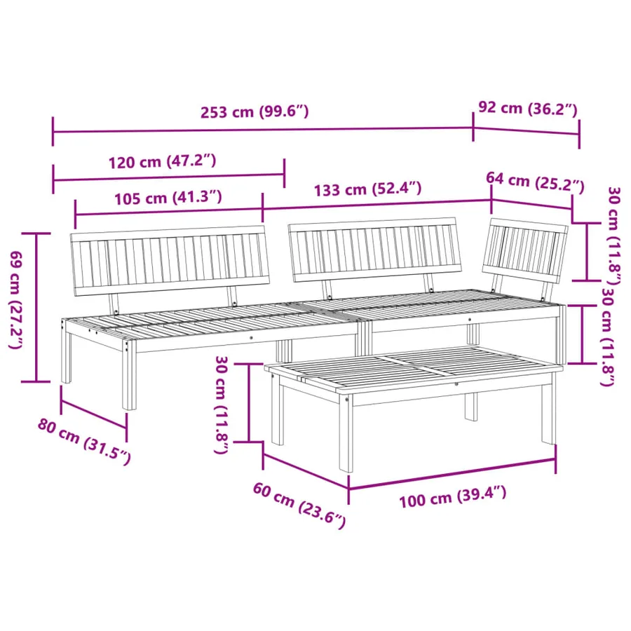 Salon palette de jardin 3 pcs bois d'acacia massif - 8