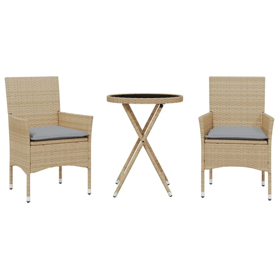 Ensemble de bistro avec coussins 3 pcs beige rotin et verre - 2