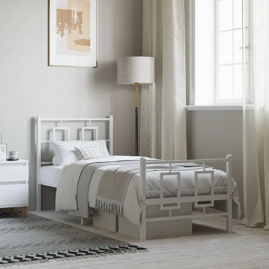 Cadre de lit métal sans matelas avec pied de lit blanc 75x190cm