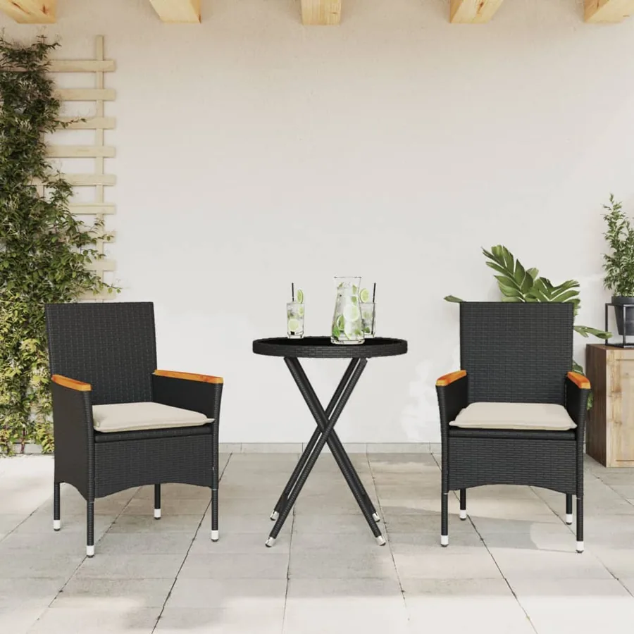 Ensemble de bistro avec coussins 3pcs noir résine tressée verre