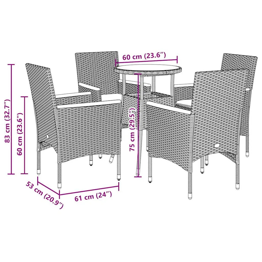 Ensemble à manger de jardin et coussins 5 pcs gris rotin verre - 7