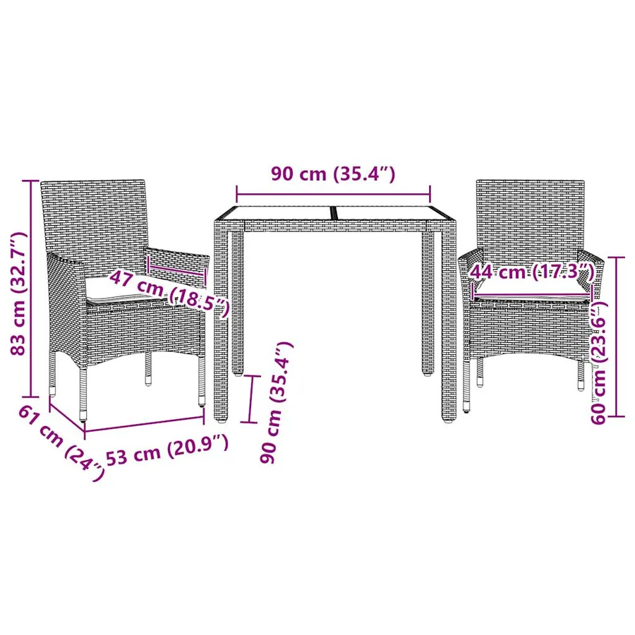 Ensemble à manger de jardin avec coussins 3 pcs rotin et verre - 7