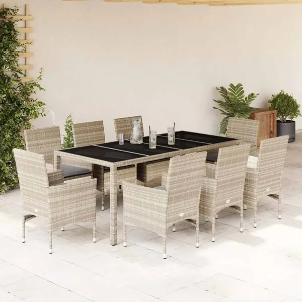 Ensemble à manger de jardin avec coussins 9 pcs rotin et verre