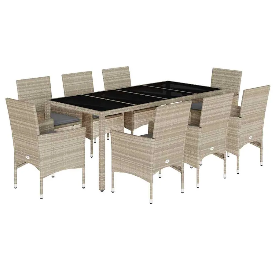 Ensemble à manger de jardin avec coussins 9 pcs rotin et verre - 2
