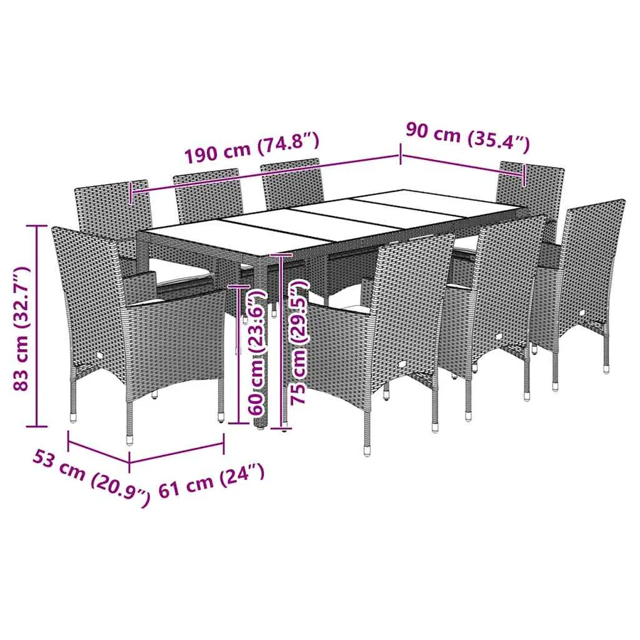 Ensemble à manger de jardin avec coussins 9 pcs rotin et verre - 7