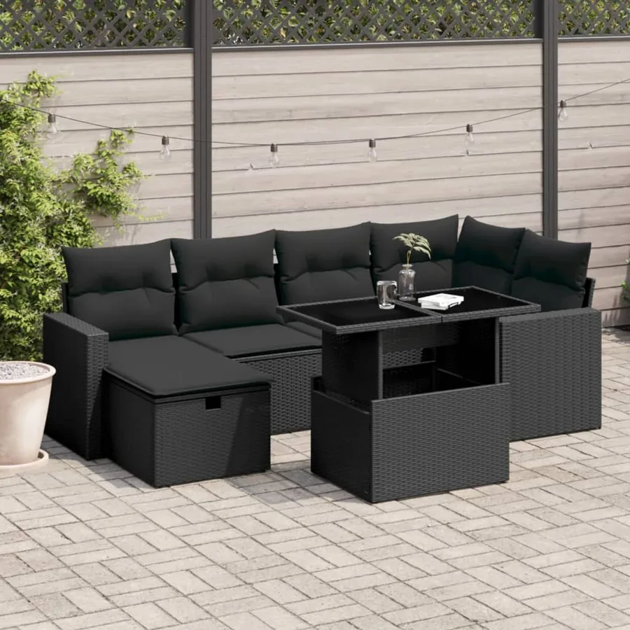 Salon de jardin 7 pcs avec coussins noir résine tressée 62 x 62 x 69 cm - 64,4 kg