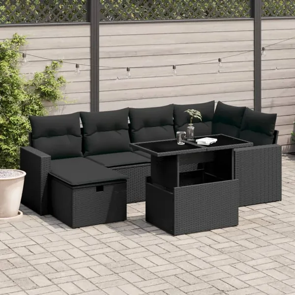 Salon de jardin 7 pcs avec coussins noir résine tressée 62 x 62 x 69 cm - 64,4 kg