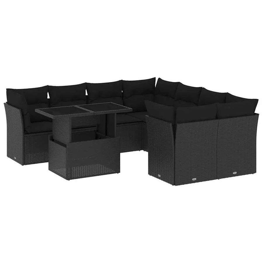 Salon de jardin 9 pcs avec coussins noir résine tressée - 2