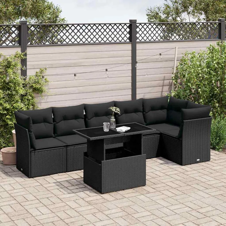 Salon de jardin 7 pcs avec coussins noir résine tressée 62 x 62 x 69 cm - 64,2 kg
