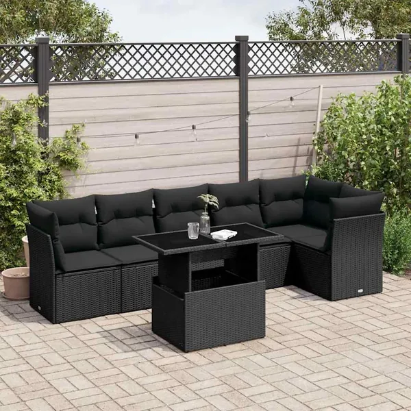 Salon de jardin 7 pcs avec coussins noir résine tressée 62 x 62 x 69 cm - 64,2 kg