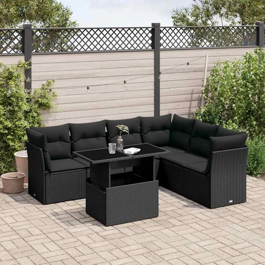 Salon de jardin 7 pcs avec coussins noir résine tressée 62 x 62 x 69 cm - 64,2 kg