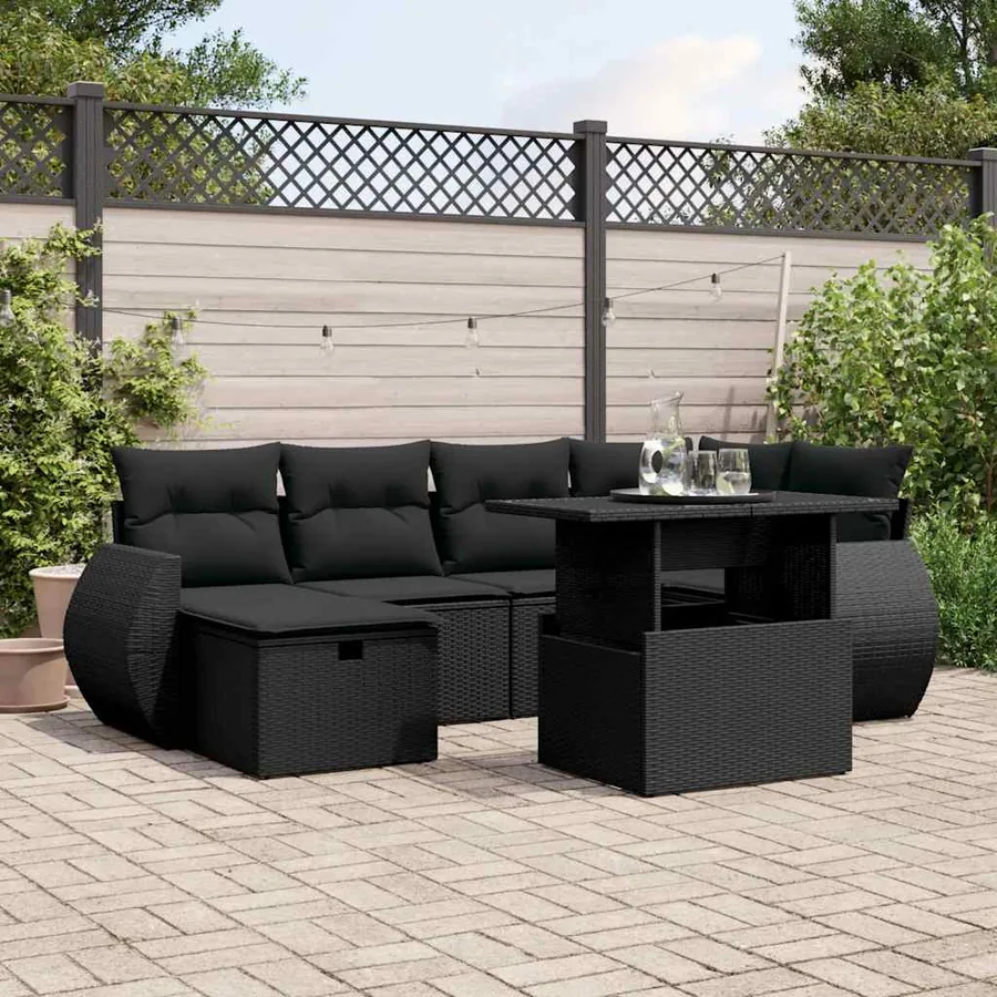 Salon de jardin 7 pcs avec coussins noir résine tressée 62 x 62 x 69 cm - 65,2 kg