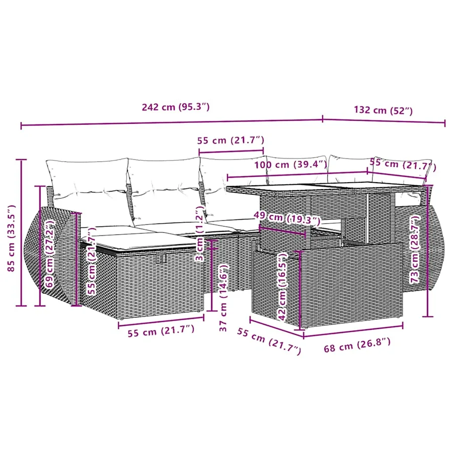 Salon de jardin 7 pcs avec coussins noir résine tressée 62 x 62 x 69 cm - 65,2 kg - 13