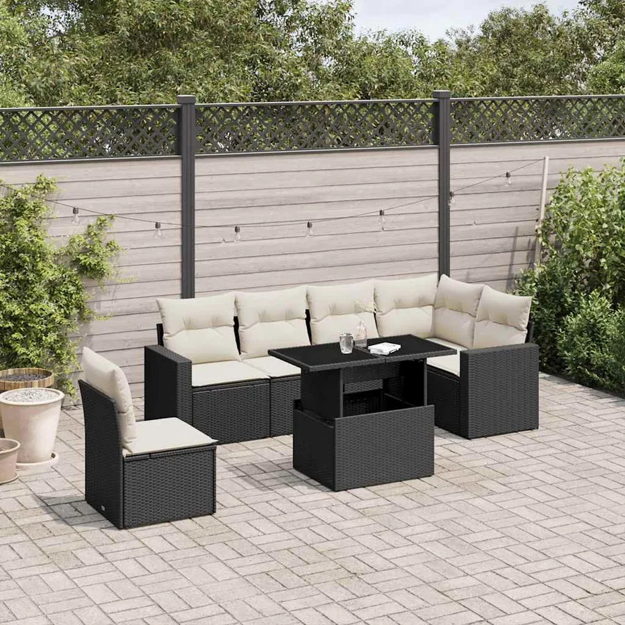 Salon de jardin 7 pcs avec coussins noir résine tressée 62 x 62 x 69 cm - 63,4 kg