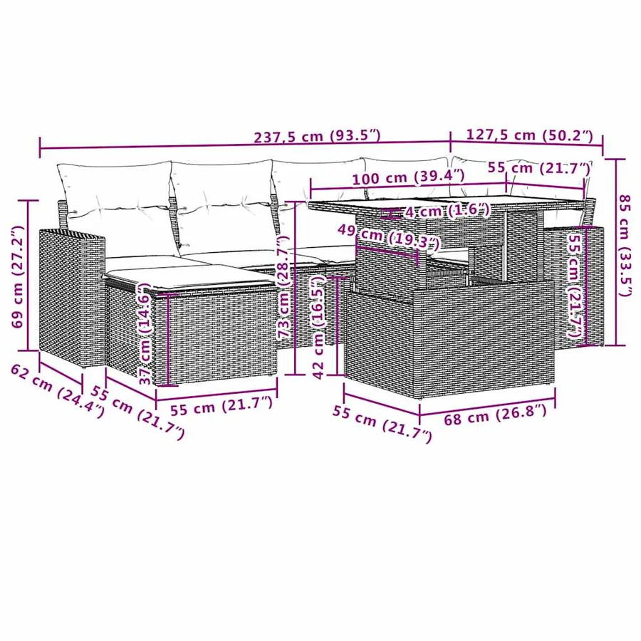 Salon de jardin 7 pcs avec coussins noir résine tressée 62 x 62 x 69 cm - 64,1 kg - 11