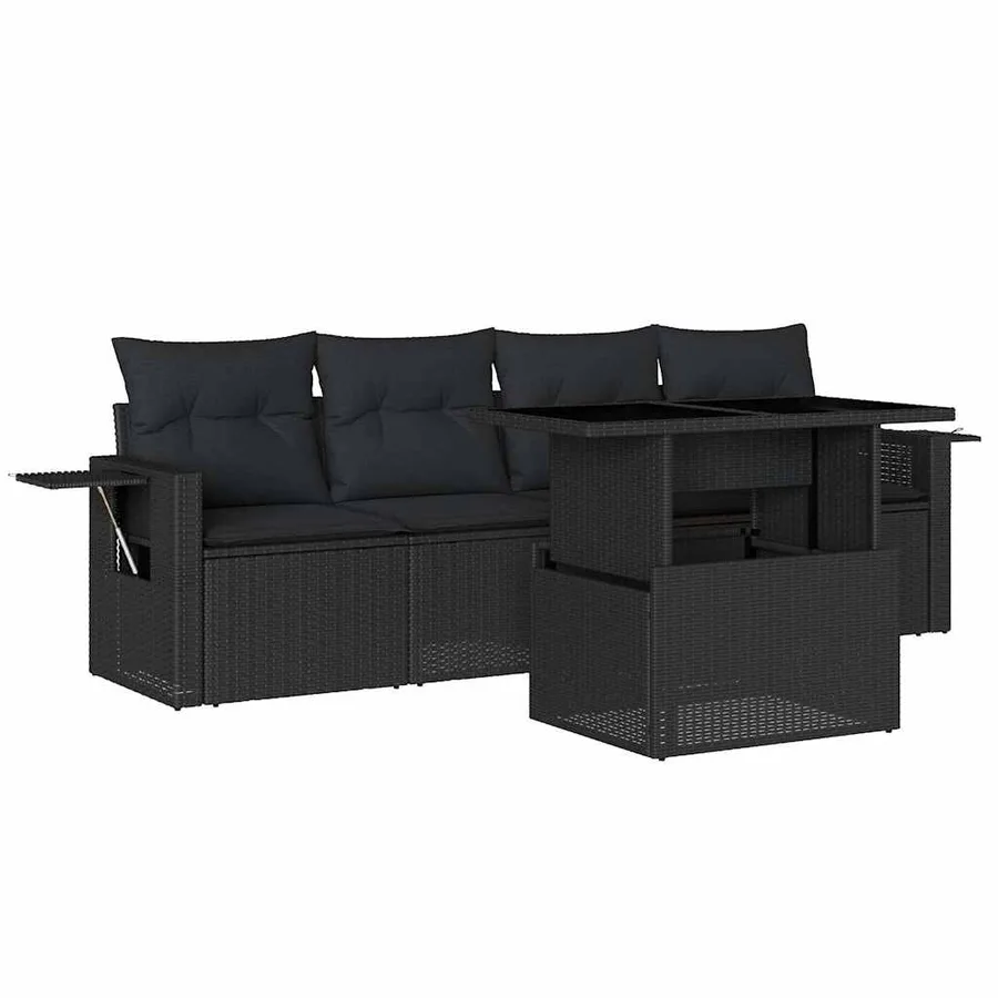 Salon de jardin 5 pcs avec coussins noir résine tressée - 2