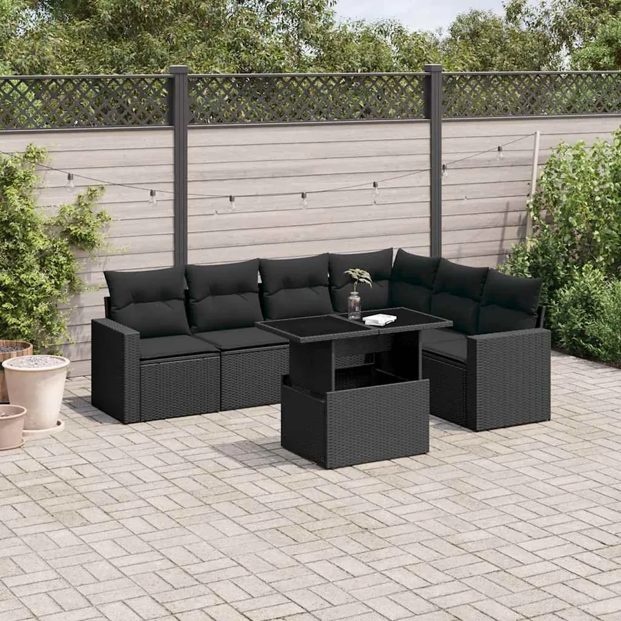Salon de jardin 7 pcs avec coussins noir résine tressée 62 x 62 x 69 cm - 62,9 kg