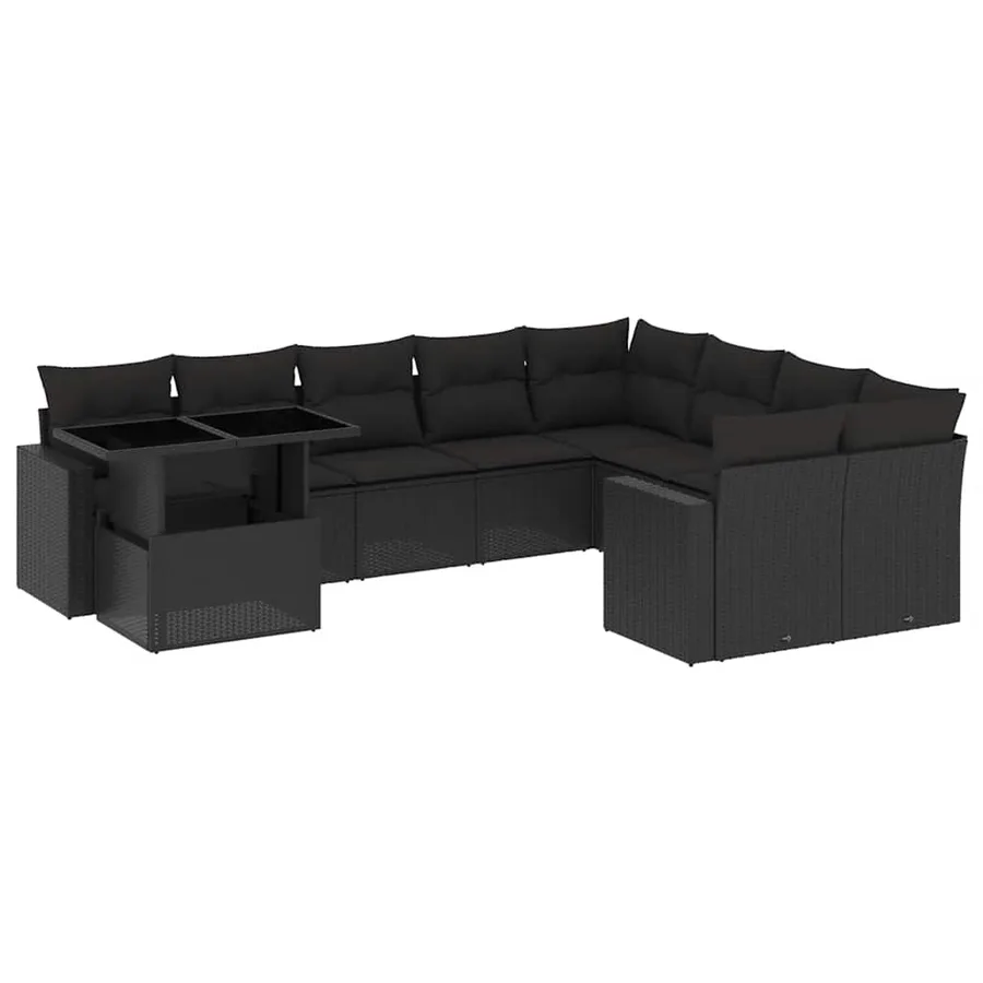 Salon de jardin 10 pcs avec coussins noir résine tressée - 2
