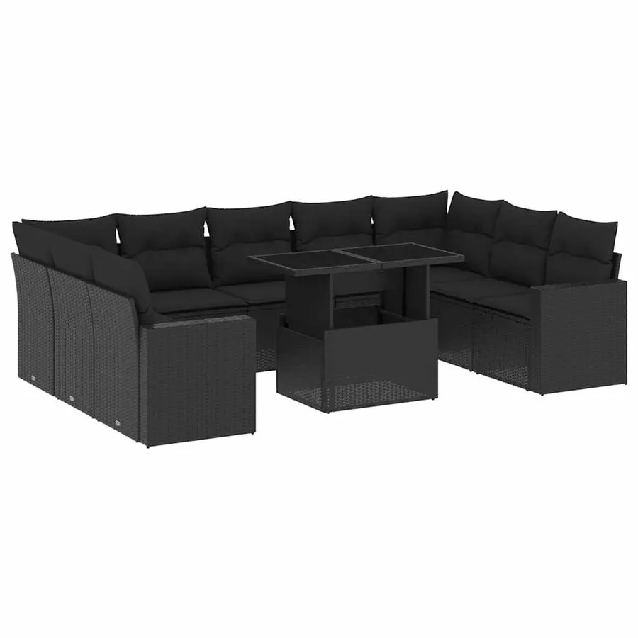 Salon de jardin 10 pcs avec coussins noir résine tressée - 2