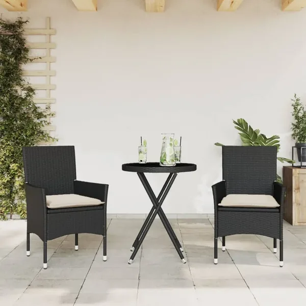 Ensemble de bistro avec coussins 3pcs noir résine tressée verre