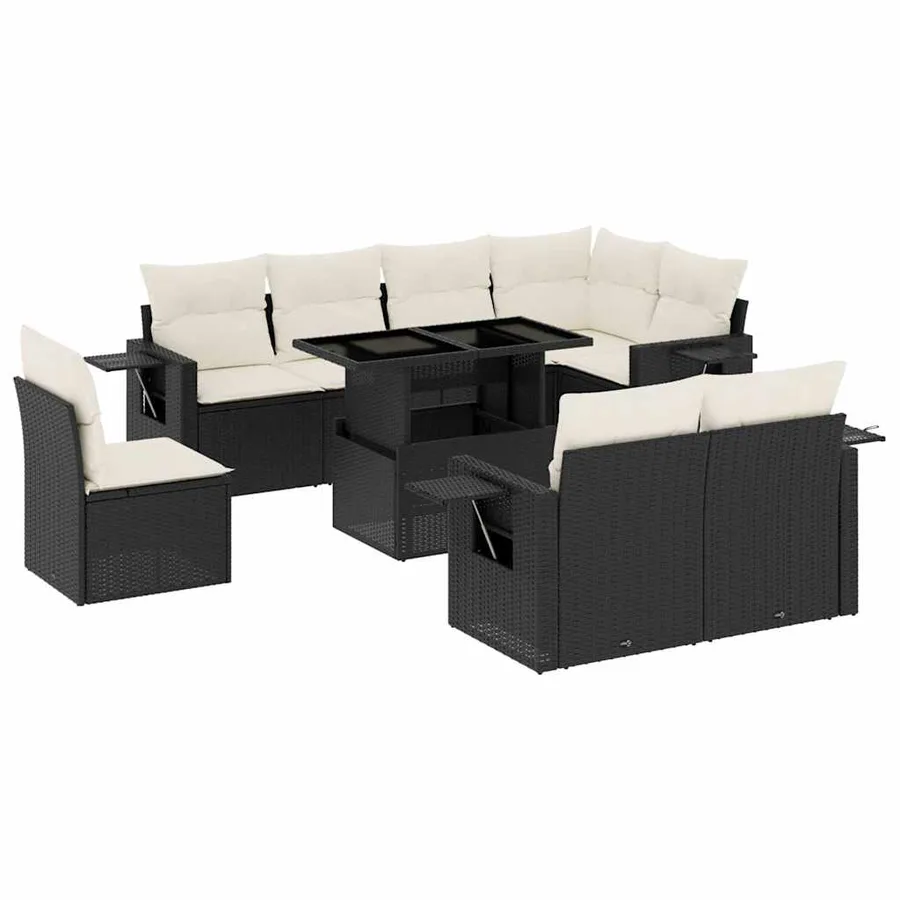 Salon de jardin 9 pcs avec coussins noir résine tressée - 2