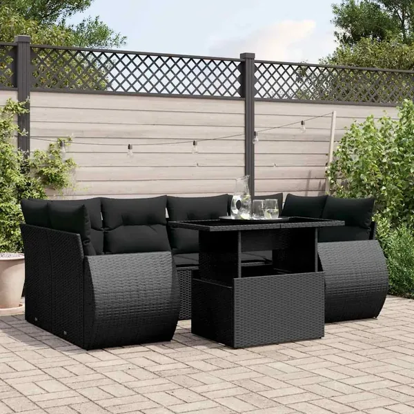 Salon de jardin 7 pcs avec coussins noir résine tressée 62 x 62 x 69 cm - 67,5 kg