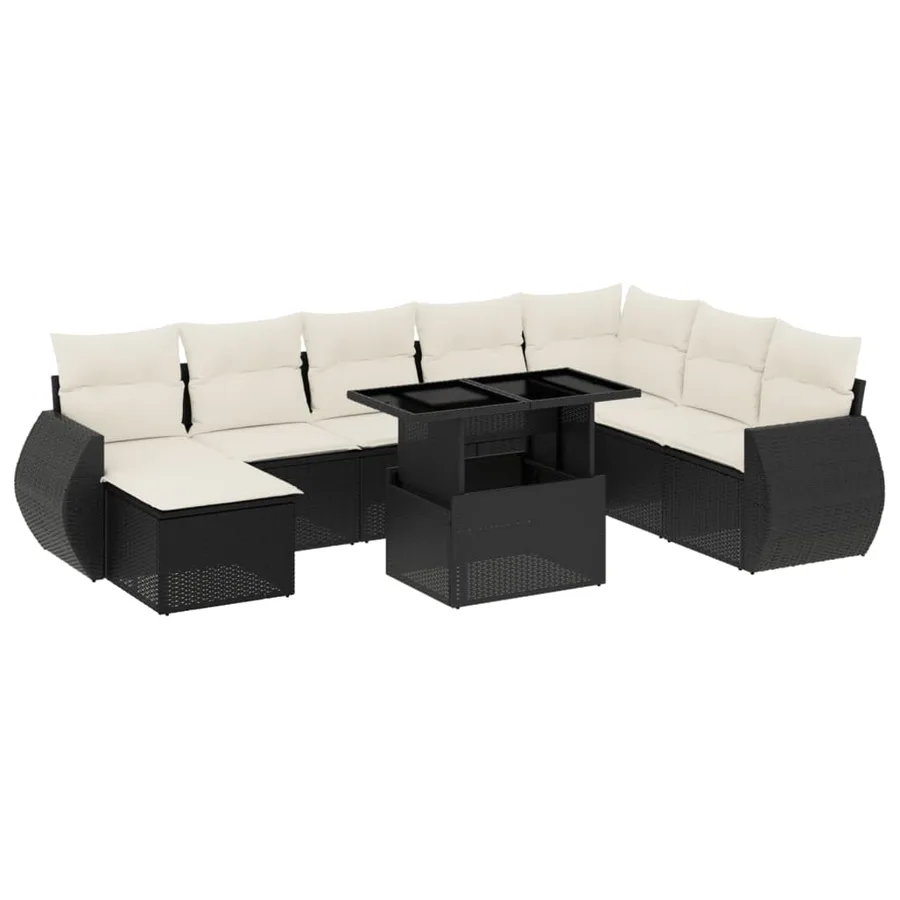 Salon de jardin 9 pcs avec coussins noir résine tressée - 2