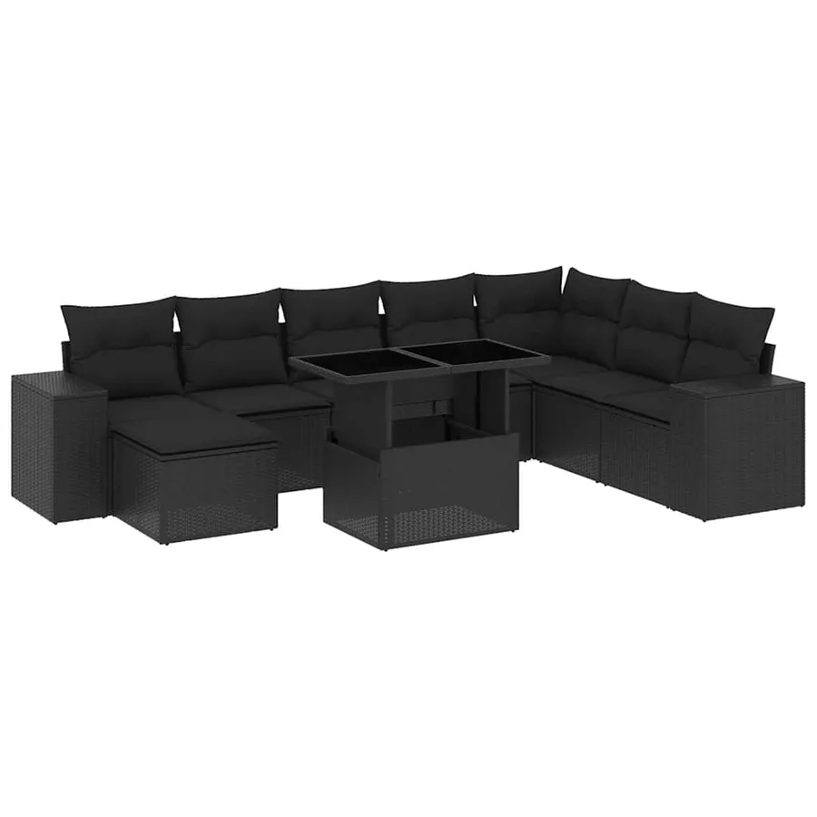 Salon de jardin 9 pcs avec coussins noir résine tressée - 2