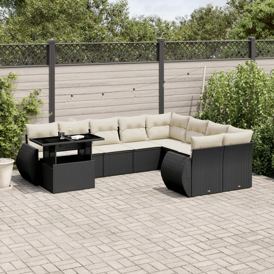 Salon de jardin 10 pcs avec coussins noir résine tressée
