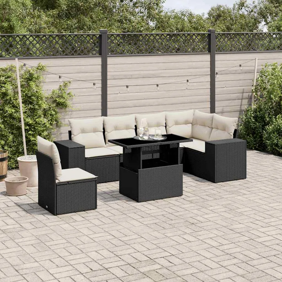 Salon de jardin 7 pcs avec coussins noir résine tressée 62 x 62 x 69 cm - 66,4 kg