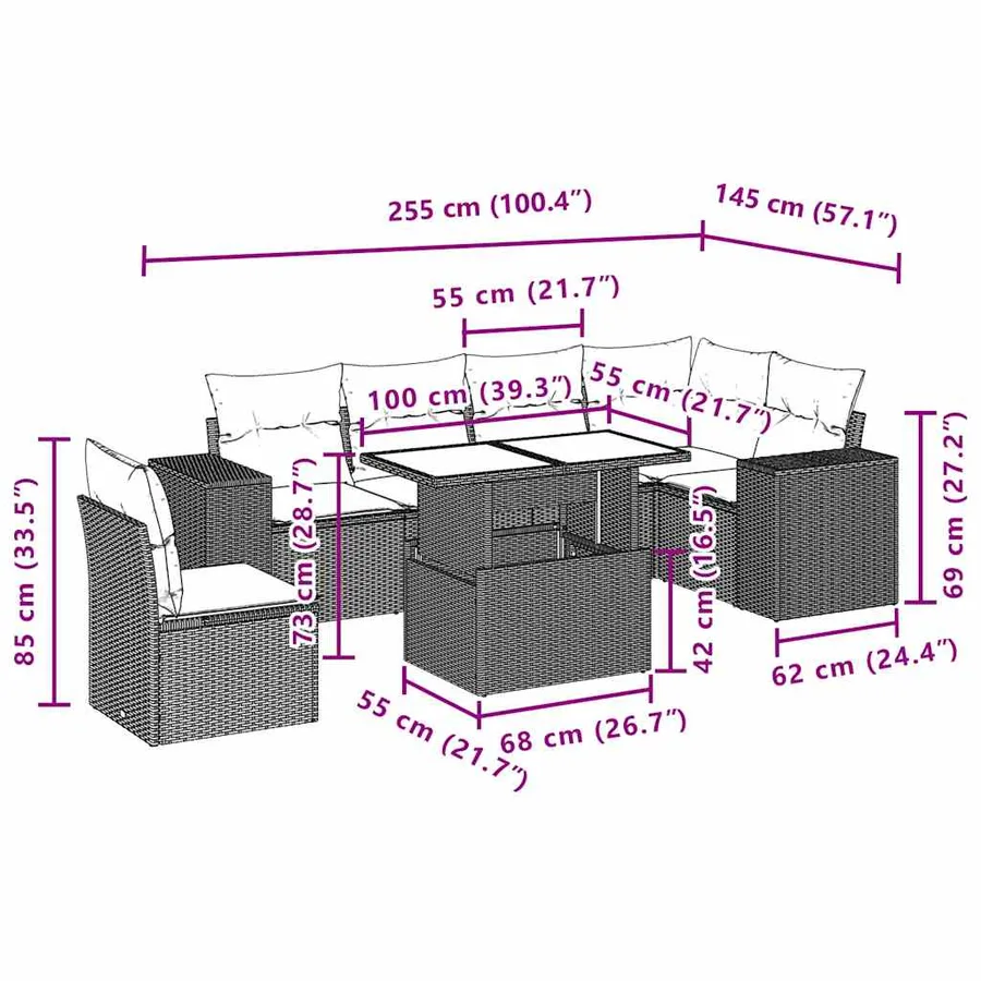 Salon de jardin 7 pcs avec coussins noir résine tressée 62 x 62 x 69 cm - 66,4 kg - 10
