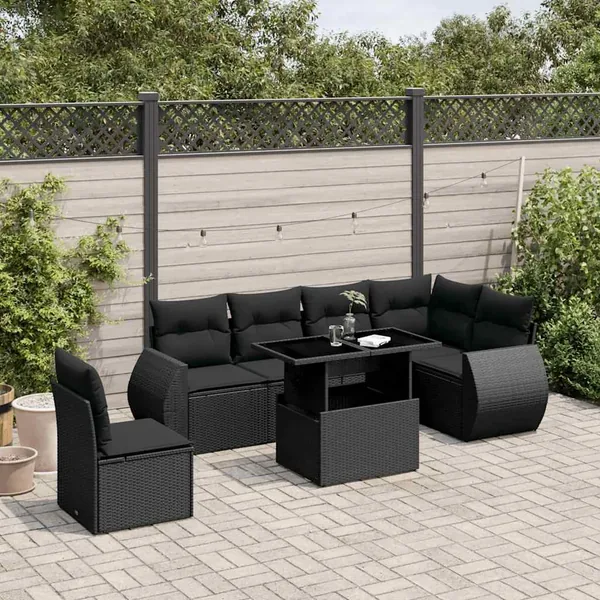 Salon de jardin 7 pcs avec coussins noir résine tressée 62 x 62 x 69 cm - 63,7 kg