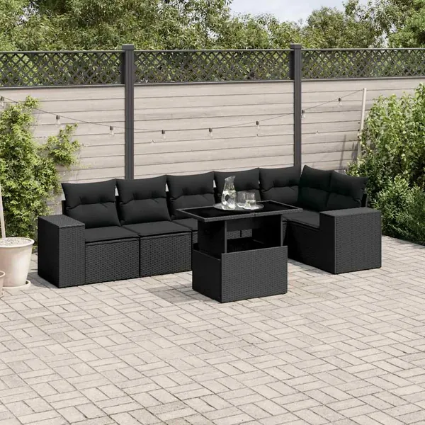 Salon de jardin 7 pcs avec coussins noir résine tressée 62 x 62 x 69 cm - 66,5 kg