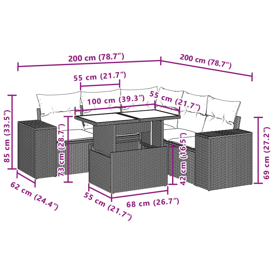 Salon de jardin 6 pcs avec coussins noir résine tressée - 10
