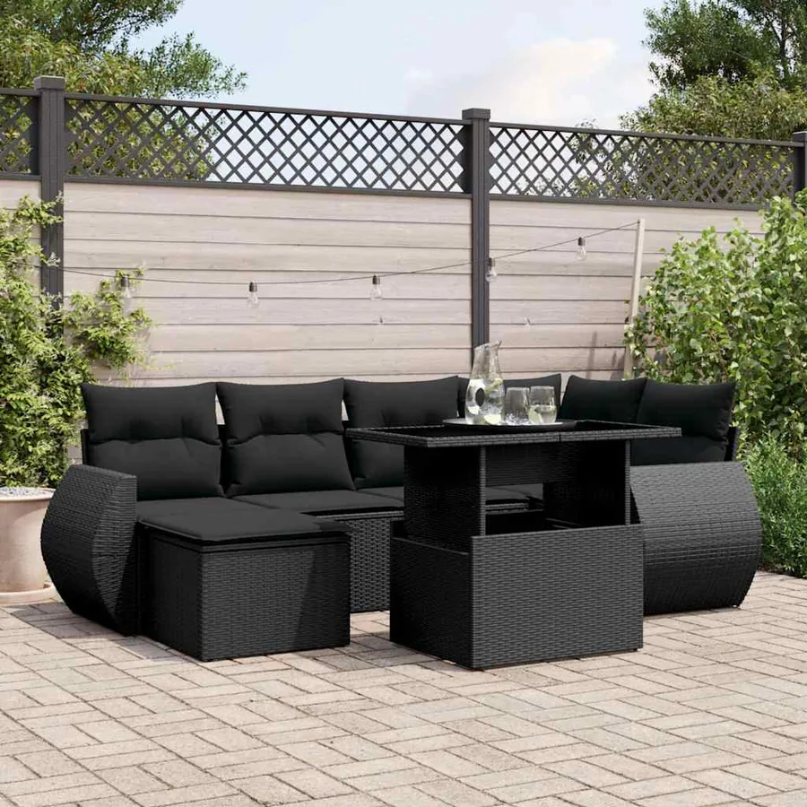 Salon de jardin 7 pcs avec coussins noir résine tressée 62 x 62 x 69 cm - 64,6 kg