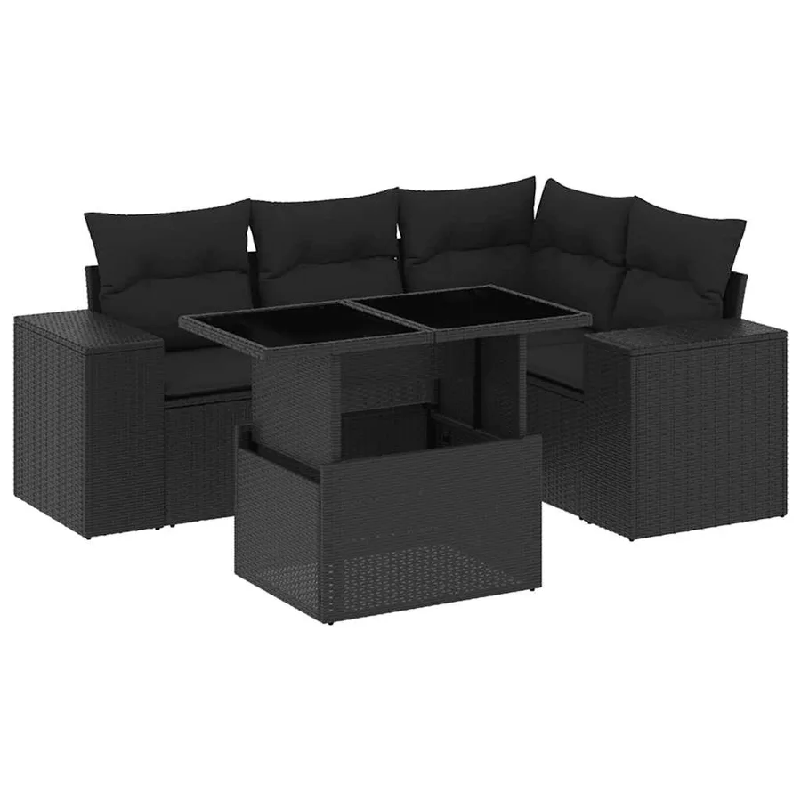 Salon de jardin 5 pcs avec coussins noir résine tressée - 2