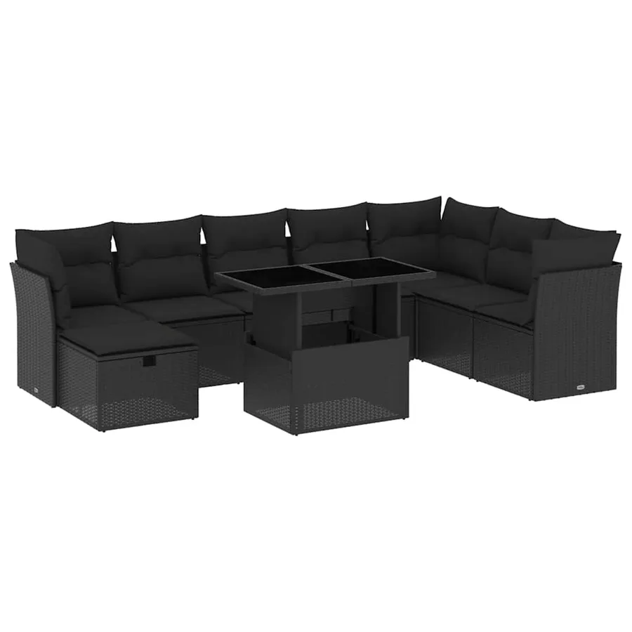 Salon de jardin 9 pcs avec coussins noir résine tressée - 2