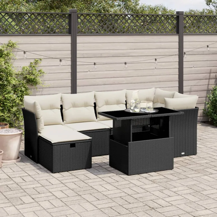 Salon de jardin 7 pcs avec coussins noir résine tressée 62 x 62 x 69 cm - 65,3 kg