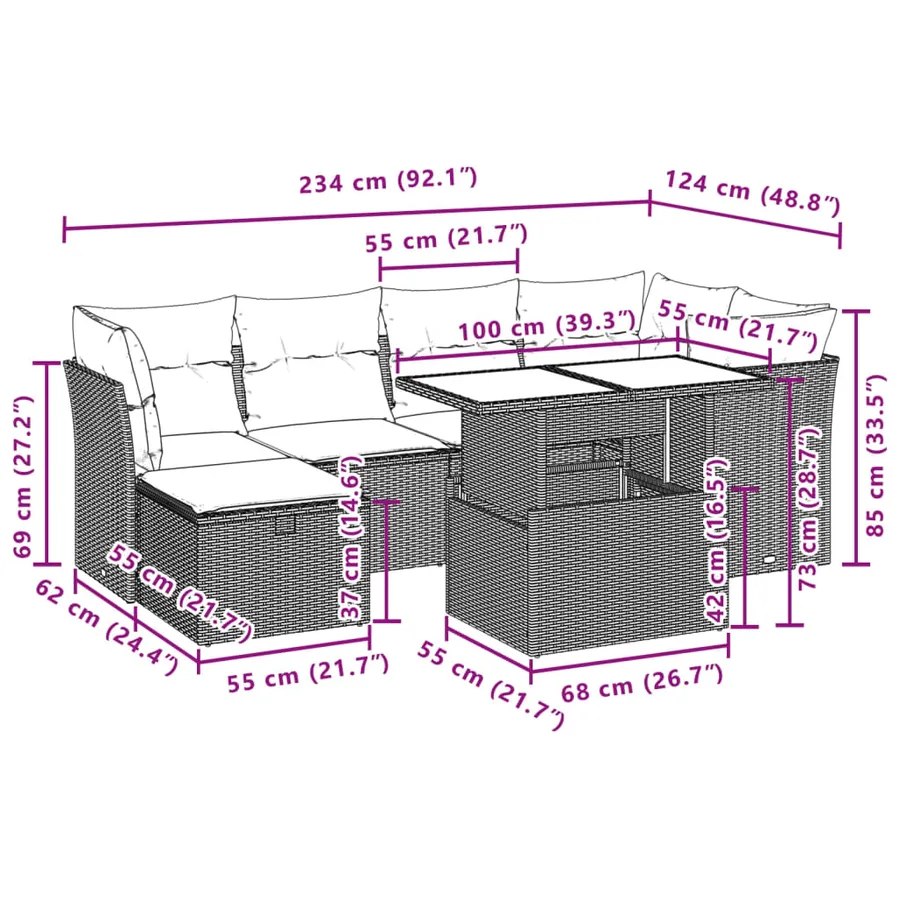 Salon de jardin 7 pcs avec coussins noir résine tressée 62 x 62 x 69 cm - 65,3 kg - 13