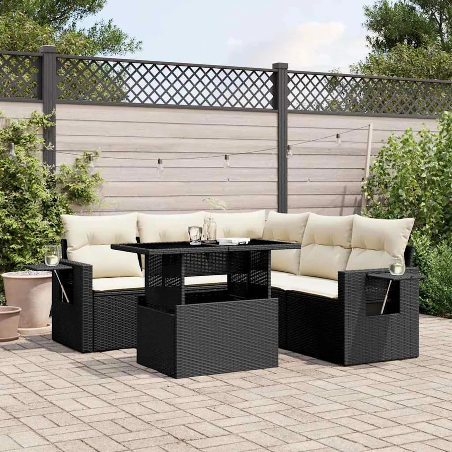 Salon de jardin 6 pcs avec coussins noir résine tressée