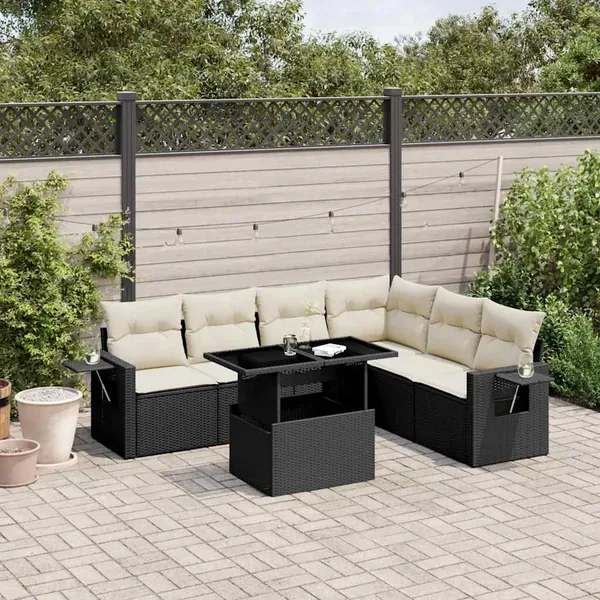 Salon de jardin 7 pcs avec coussins noir résine tressée 62 x 62 x 69 cm - 64,7 kg