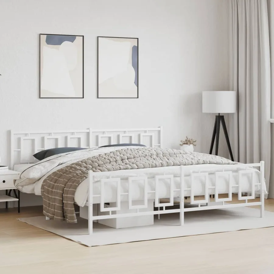 Cadre de lit métal sans matelas et pied de lit blanc 193x203 cm
