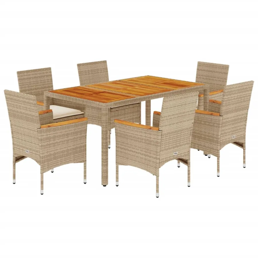 Ensemble à manger de jardin et coussins 7pcs beige rotin acacia - 2