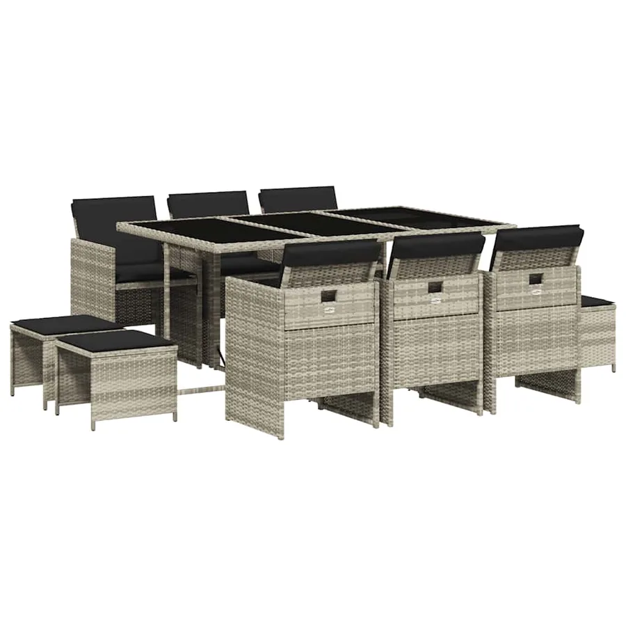 Ensemble à manger de jardin 11pcs avec coussins gris poly rotin - 2