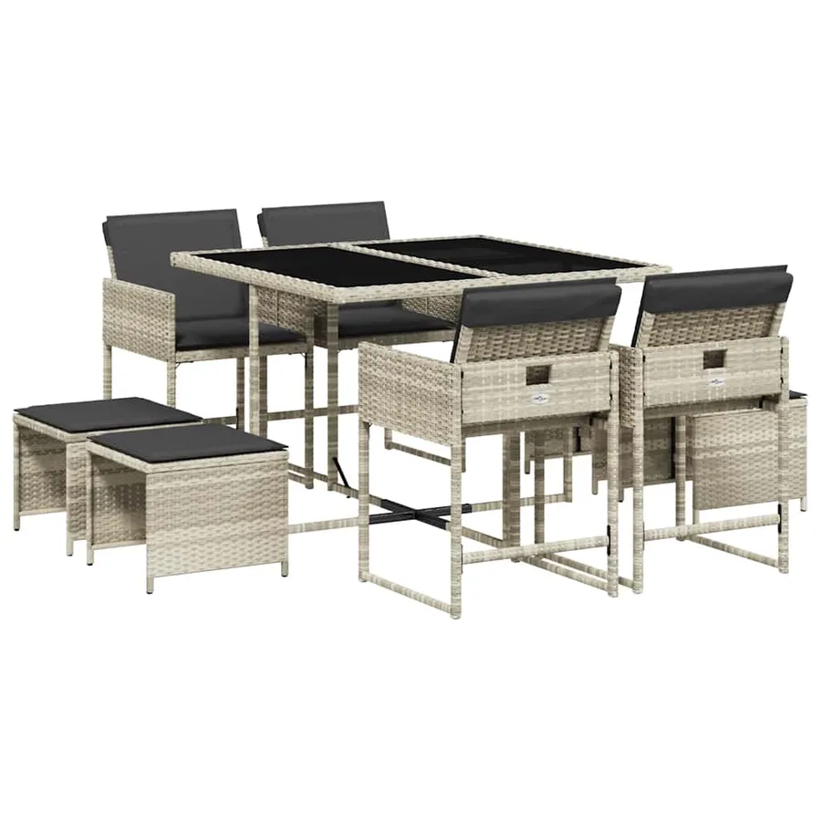Ensemble à manger de jardin et coussins 9 pcs gris clair rotin - 2
