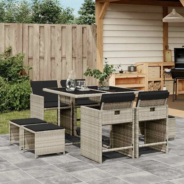 Ensemble à manger de jardin et coussins 9 pcs gris clair rotin